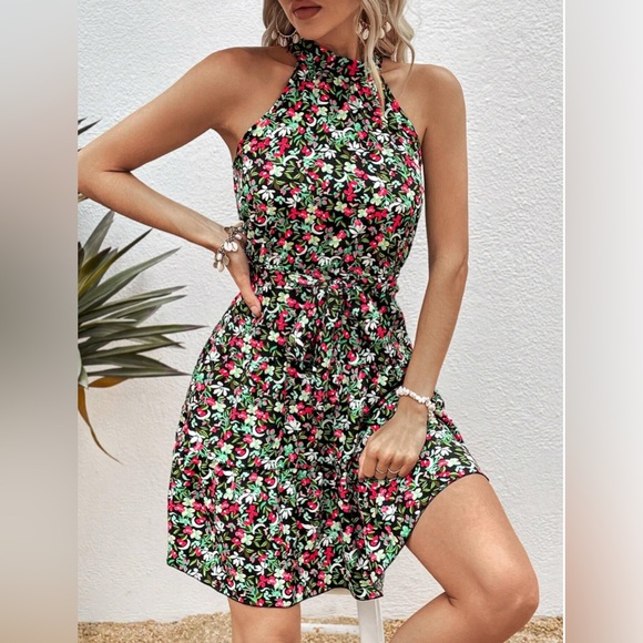 Mira Floral Print Belted Halter Dress - Picture 2 of 6